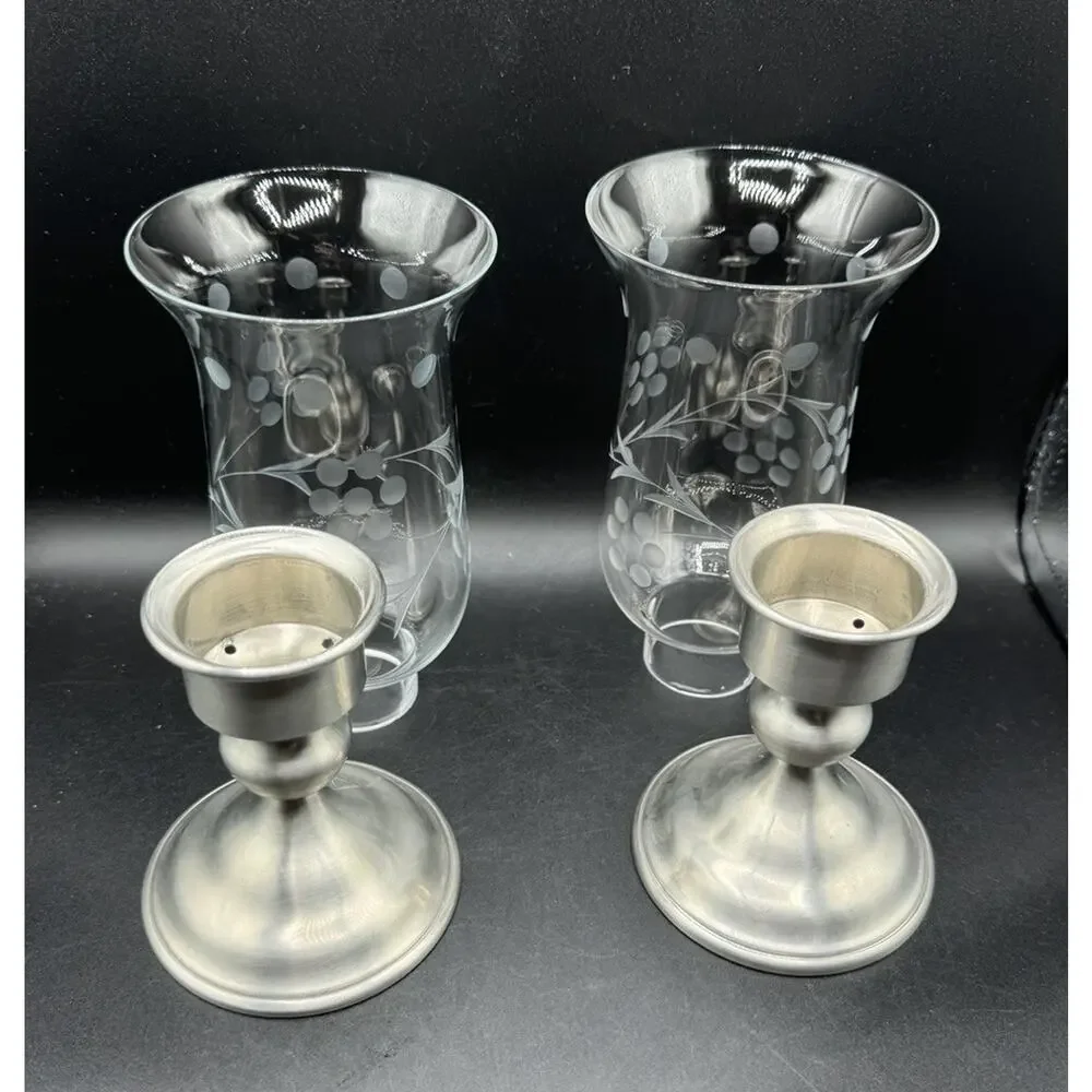 Kirk Weighted Pewter Candlesticks Etched Glass Hurricane Shades Set Of 2 -A95